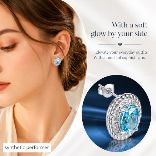Hypoallergenic 14K Gold-Plated Cubic Zirconia Stud Earrings for Women - Comfort Piercing Earrings - color: sea blue