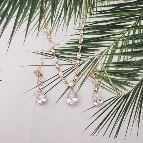 Elegant Bridal Cubic Zirconia Teardrop Pendant Necklace Drop Earrings Bracelet Brides Bridesmaids Wedding Jewelry Set for Women