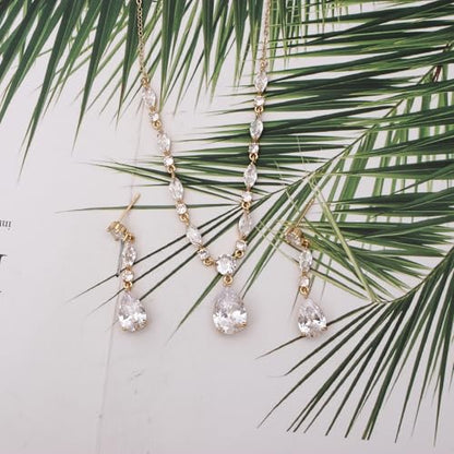 Elegant Bridal Cubic Zirconia Teardrop Pendant Necklace Drop Earrings Bracelet Brides Bridesmaids Wedding Jewelry Set for Women