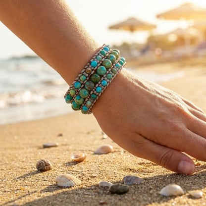 YGLINE Boho Handmade Natural Stone Bead 3 Row Wide Wrap Wrist Statment Bracelet Jewelry Collection - color: king jasper