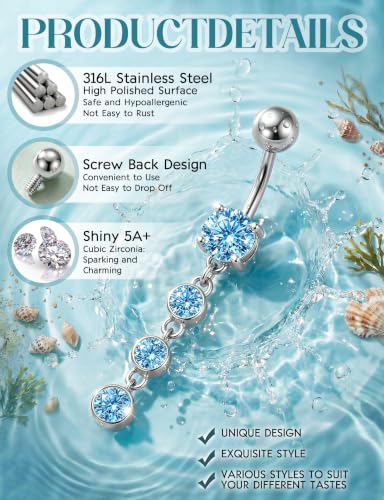 ORAZIO Gold Belly Button Ring Dangle Hypoallergenic Surgical Stainless Steel Belly Rings for Women 14G Belly Button Piercing Cute Navel Ring Belly Piercing Jewelry - color: Light Blue