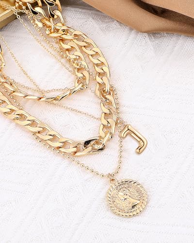 MJartoria Layered Necklaces for Women Trendy Balloon Initial Coin Pendant Necklace Dainty Chunky Chain Choker Necklaces Jewelry Birthday Gifts - color: Gold, style: J