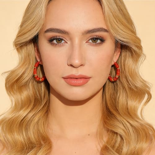 Wellike Beaded Hoop Earrings for Women Natural Stone Pink Gold Huggie Earrings Hypoallergenic Dainty Waterproof Trendy Jewelry - color: Red, size: 40mm