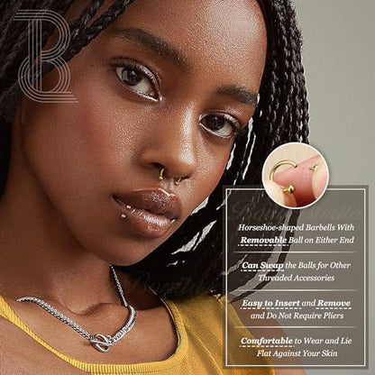 G23 Titanium 14/16/18/20G Septum Rings Horseshoe Nose Ring Jewelry | 2/3Pcs Circular Barbell Spike Lip Body Piercing Jewelry Conch Helix Tragus Earring Silver/Black 8/10/12mm 14K Gold Plated - color: Gold-3pcs, size: Balls-3pcs-18g-10mm