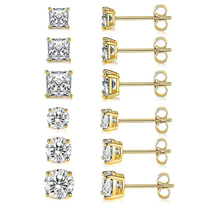 18K Gold Plated Round Princess Cut Clear Cubic Zirconia Stud Earring of 6 Pairs - color: B-gold plated