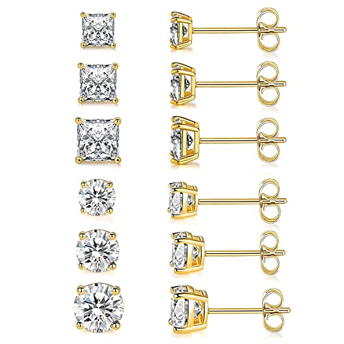 18K Gold Plated Round Princess Cut Clear Cubic Zirconia Stud Earring of 6 Pairs - color: B-gold plated