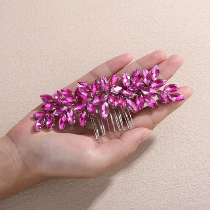 Teyglen Women's Dainty Rhinestone Hair Comb - Luxurious Shiny Bridal Side Comb for Brides and Girls (Rose Red) - color: Rose Red