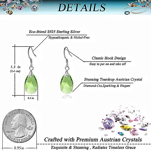 Austrian Crystal Teardrop Drop Earrings for Women, French Hook | 925 Sterling Silver Hook, Crystal Dangle Earrings, Sparkly Teardrop Stone, Lightweight Feel, Day-To-Evening Wear - color: Green
