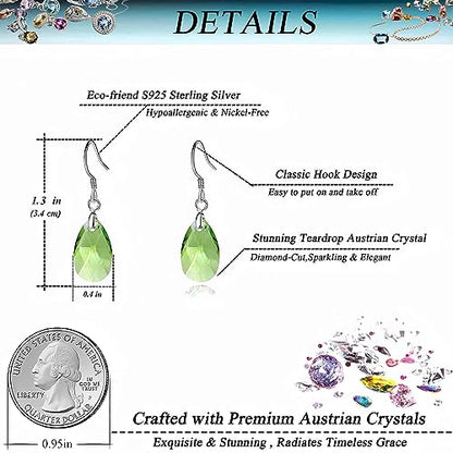 Austrian Crystal Teardrop Drop Earrings for Women, French Hook | 925 Sterling Silver Hook, Crystal Dangle Earrings, Sparkly Teardrop Stone, Lightweight Feel, Day-To-Evening Wear - color: Green