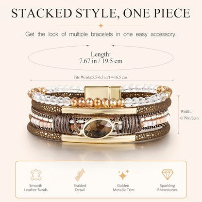 Edoneery Leather Wrap Bracelets for Women, Boho Layered Cuff Bangle | Multi-layer Leather Cuff, Daily wear, Stackable Bangle, Easy on-off, Western Jewelry Gifts for Women - color: Brown-2