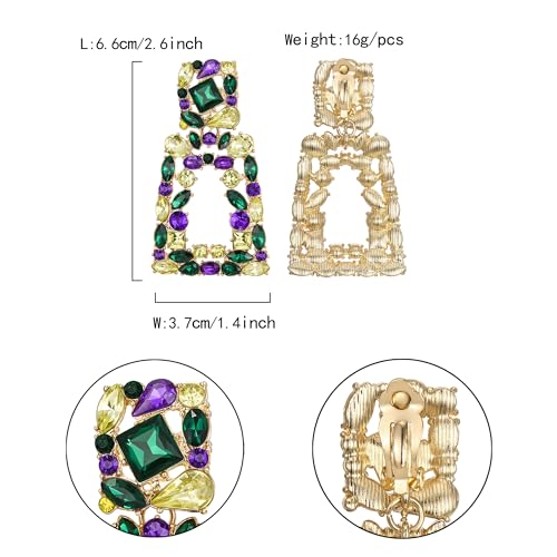 Flyonce Rectangle Clip-on Drop Earrings for Women, Sparkly Rhinestone Crystal Geometric Statement Non Pierced Earring Wedding Prom Party Jewelry for Brides Bridesmaid - color: Mardi Gras