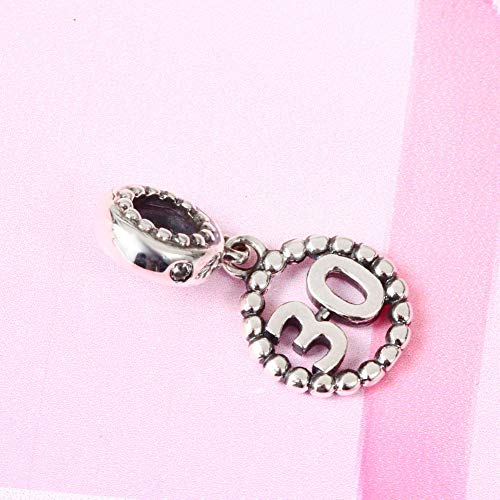 5,10,15,16,17,18,20,21,25,30,35,40,42,49,50,55,60,65,70 Number Charms for European Bracelet, 925 Sterling Silver Birthday Pendant Beads with CZ, Gifts for Mothers Day/Anniversary - color: Silver Color Number 30 Charm