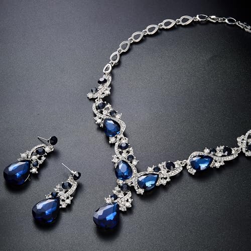 Women's Wedding Bridal Crystal Multi Teardrop Cluster Statement Necklace Dangle Earrings Set - color: 01-Navy Blue Silver-Tone