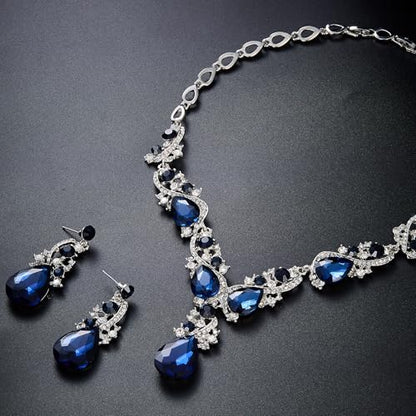 Women's Wedding Bridal Crystal Multi Teardrop Cluster Statement Necklace Dangle Earrings Set - color: 01-Navy Blue Silver-Tone