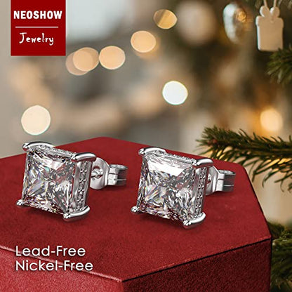 Princess Cut Cubic Zirconia Stud Earrings for Men Women | Square CZ Simulated Diamond Studs, 18K White Gold Plated Sterling Silver, Hypoallergenic - color: White Gold, size: 8MM