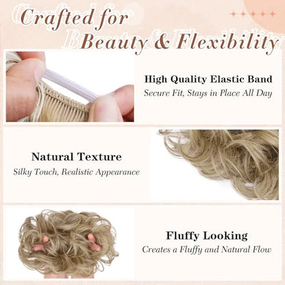 2PCS Messy Bun Hair Pieces Synthetic Hairpieces For Women Sand | Messy Bun and Donut Bun in one set for natural-looking volume and elegant updos for every occasion. - color: Sand