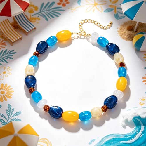 YUJIE Chunky Heart Pendant Necklace for Women- Exaggerated Statement Puff Heart Necklace with Acrylic Beaded Chain - color: A-Multicolour Blue