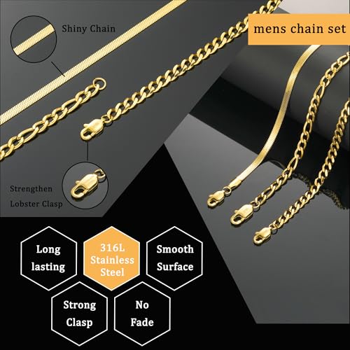 Zocomi 3 PCS Chain Necklace for Men Women, Stainless Steel Cuban Link/Figaro/Herringbone Chains Set Jewelry Gifts, 16/18/20/22/24 Inches - color: Gold, size: 24 inch (60cm)Extra Long Fit