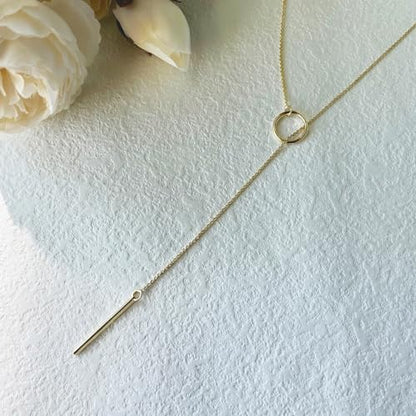 LULII Gold Necklace for Women Trendy Lariat Y Necklace Dainty 14k Gold Plated/Silver Long Necklaces for Women Layered Beaded Drop Necklaces Simple Y-Shaped Chain Jewelry Gifts - color: Circle Bar Y Necklace-Gold