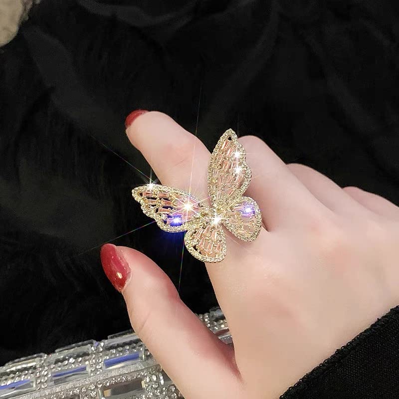 Butterfly Rings for Women Adjustable Golden Cocktail Ring Sparkly Stones Statement Silver Bow Open Wrap Bow Jewelry Bridesmaids Wedding Valentine’s Day Gift Lover Mother - color: JZ03-Gold