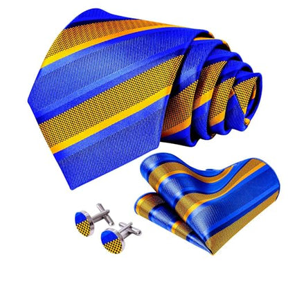 5PCS Mens Silk Tie, Pocket Square, Cufflinks, Drilled Tie Ring and Lapel Pin Set for Wedding Groom Party - color: Gold and Blue Tie Set -151