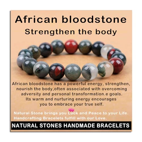 AD Beads Handmade Gemstone Stretch Elastic Bracelet Crystal Healing Reiki Nature's Beauty and Spiritual Essence Unisex (10mm, African Bloodstone (Strengthen the Body)) - color: African Bloodstone (Strengthen the Body), size: 10mm