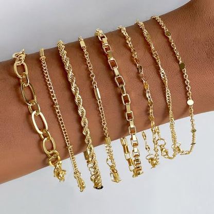 IFKM Gold Bracelets for Women, 14K Gold Plated Dainty Link Chain Bracelet set, Trendy Stackable Layered Bracelets jewelry Gifts - style: 8pcs Chain twist box