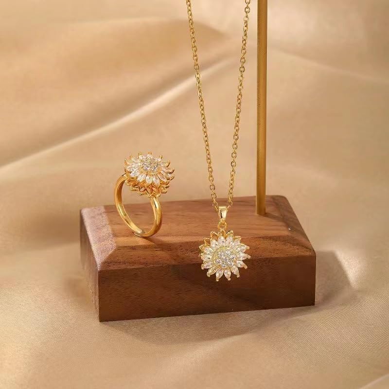 Sunflower Fidget Necklace for Women Gold Moon Necklace Rotating Heart Necklaces Spinning Crystal Flower Anxiety Necklaces Crescent Moons Jewelry Accessories - color: Set2