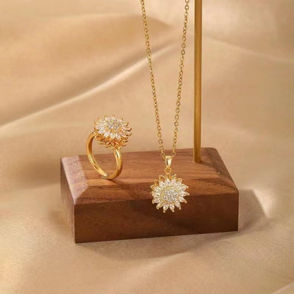 Sunflower Fidget Necklace for Women Gold Moon Necklace Rotating Heart Necklaces Spinning Crystal Flower Anxiety Necklaces Crescent Moons Jewelry Accessories - color: Set2