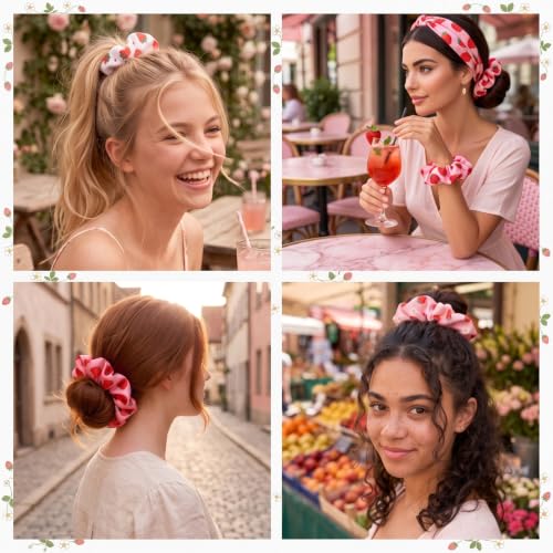 80 Pcs Summer Strawberry Satin Hair Scrunchies for Women Fruit Party Favors Silk Hair Ties Elastic Bands Ropes Ponytail Holders Ties Accessories Summer Wedding Party - style: Strawberries