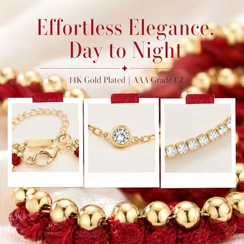 14K Gold Plated Bracelets for Women 2 Pcs Set - Red String & Cubic Zirconia Tennis Bracelet, Layered Stackable Adjustable Wristbands, Hypoallergenic Handmade Jewelry Gifts for Mom Wife Her - color: red string