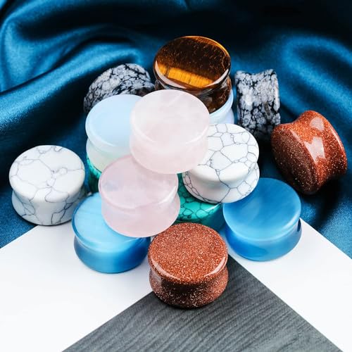 16-Piece Natural Stone Ear Gauges, Double-Flare Plugs, 6-20mm | Hypoallergenic mixed natural stone plugs with a smooth polished surface and secure saddle double-flare fit for daily wear - size: 16 mm