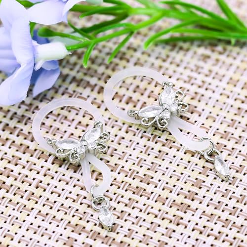 2 Pcs Butterfly Fake Nipple Rings for Women, CZ Nipple Noose Nipple Jewelry Non Piercing Dangle Nipple Ring, Non Pierced Nipple Body Jewelry - color: silver