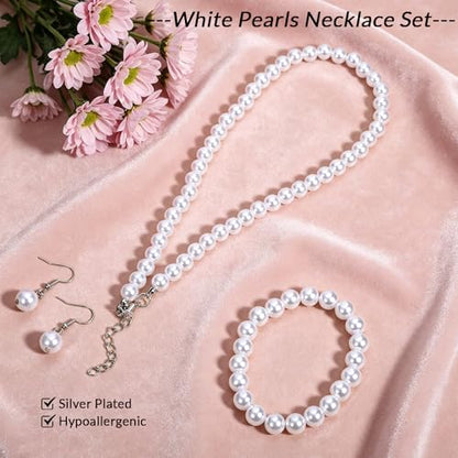 12 Pcs Pearl Necklace Jewelry Sets for Women- 4 Sets Classic 8mm White Faux Pearl Necklace Earring and Bracelet Set - Beaded Necklaces Jewelry for Wedding Bridal Shower Gifts