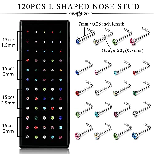 Helicopchain 60-240Pcs Hypoallergenic Nose Studs for Women Men 316L Stainless Steel CZ Nose Piercing Jewelry L Shaped Nose Rings Bone Studs Screw Piercing 20G-22G 1.5mm 2mm 2.5mm 3mm - color: E: 20G(120Pcs L Shaped Nose Stud)