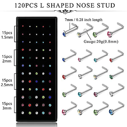Helicopchain 60-240Pcs Hypoallergenic Nose Studs for Women Men 316L Stainless Steel CZ Nose Piercing Jewelry L Shaped Nose Rings Bone Studs Screw Piercing 20G-22G 1.5mm 2mm 2.5mm 3mm - color: E: 20G(120Pcs L Shaped Nose Stud)