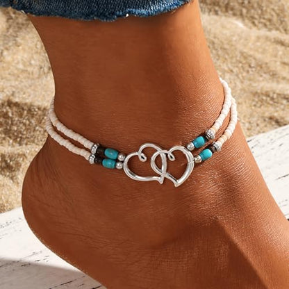 Qceasiy Shell Ankle Bracelets for Women, Boho Beaded Beach Anklet Set | Seashell, Heart, Starfish and Conch Styles, Gold-Tone, Stretch or Adjustable Fit, Layered Beach Vacation Jewelry Gifts - color: White 4