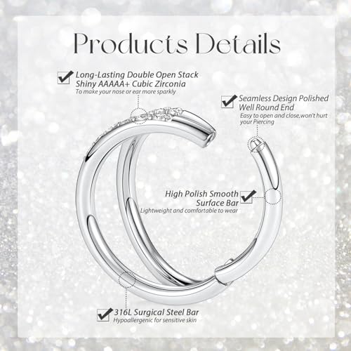GAGABODY Conch Piercing Double Open Stack with CZ 16 Gauge Hoop Earrings 18g Septum Jewelry 20g Septum Ring Daith Earrings 316L Surgical Steel Lip Rings Helix Rook Cartilage Earrings Hoop - color: Style9:Silver+Double Hoop CZ
