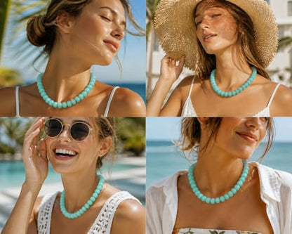 Chunky Colorful Beaded Necklace for Women Boho Summer Statement Resin Choker Necklaces Beach Jewelry Accessories - color: Light Blue