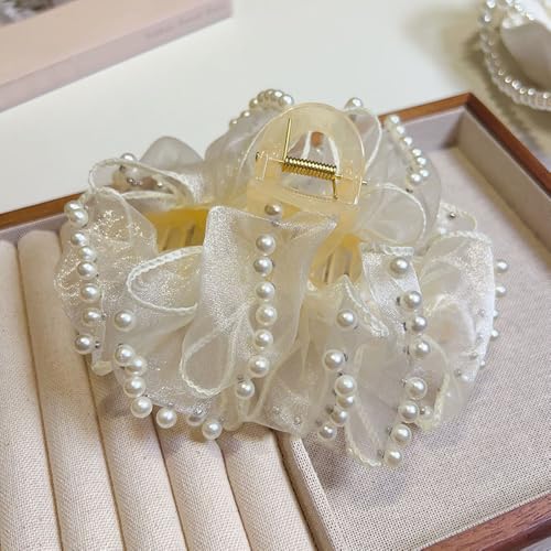 Elegant Pearl-Trimmed Hair Claw Clips, Black and White Chiffon Silk Bows, Large Nonslip French Barrette Hair Accessories for Women, 2 Pack