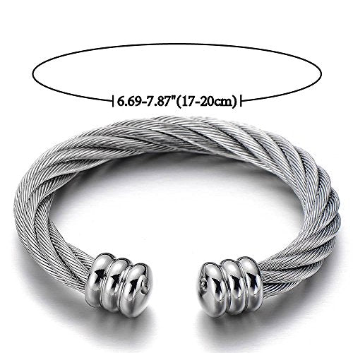 COOLSTEELANDBEYOND Large Elastic Adjustable Steel Twisted Wire Cuff Bangle Bracelet for Men Women - color: A-Metal Color: Silver