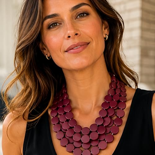 Colorful Beaded Necklace for Women,Chunky Wooden Bib Choker Necklace,Statement African Jewelry Multicolor Maroon Blue Fashion Collar Necklace - color: burgundy