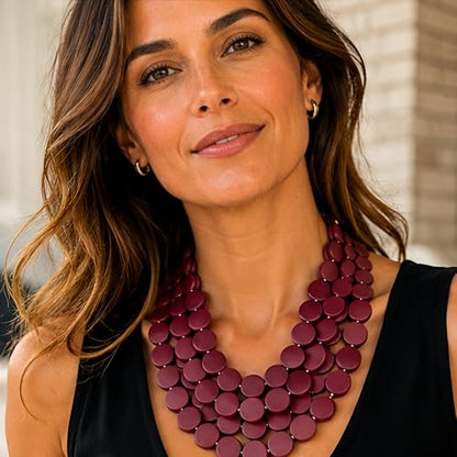 Colorful Beaded Necklace for Women,Chunky Wooden Bib Choker Necklace,Statement African Jewelry Multicolor Maroon Blue Fashion Collar Necklace - color: burgundy