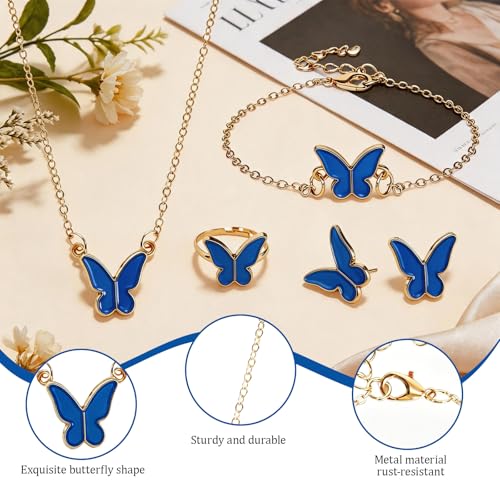 Butterfly Jewelry Set, Including Butterfly Necklace, Bracelet, Stud Earrings, and Adjustable Ring for Women - color: Blue