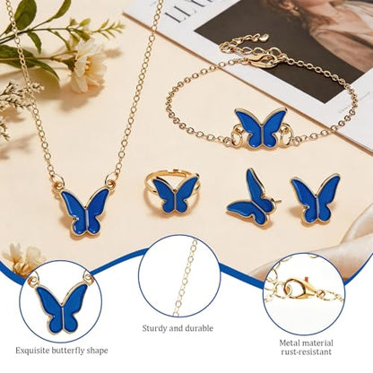 Butterfly Jewelry Set, Including Butterfly Necklace, Bracelet, Stud Earrings, and Adjustable Ring for Women - color: Blue
