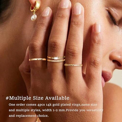 EXGOX Dainty Stackable Gold Rings - 14K Gold Plated, Non Tarnish Cubic Zirconia Stacking & Thumb Knuckle Rings (4pcs Size 7-11) - color: 4Pcs Thin Rings, size: 11
