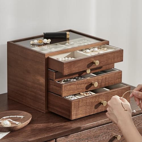 Black Walnut Wooden Women Jewelry Box with Glass Lid, 4 Layer | Large Drawer Jewelry Organizer,Velvet-Lined, For Necklaces, Watch, Ring, Earring, Ideal Gift for Her - style: 4 Layer A
