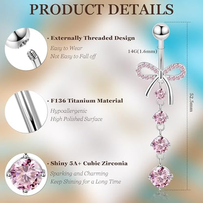 REVOLIA 14G F136 Titanium Dangle Belly Button Ring for Women Dangling Navel Ring Hypoallergenic Belly Ring Externally Threaded Barbell CZ Bow Navel Piercing Jewelry - color: Pink
