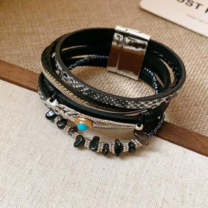 Long tiantian Boho Western Bracelets for Women Leather Wrap Bracelets Turquoise Bracelet Western Jewelry Country Concert Outfits - color: A5:black