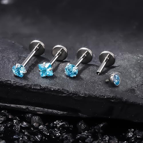 Titanium Flat Back Lip Rings Internally Threaded Earrings Studs Nose Rings 20G 18G 16G Round Heart Square CZ Tragus Cartilage Lobe Rook Helix Conch Labret Medusa Piercing Jewelry for Women Men - color: Ocean Blue CZ, size: 20G-6/8/10mm